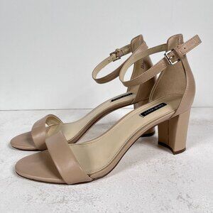 Nine West Leather Pruce Block Heel Sandal Nude Tan Sz 10W (heel height 3")